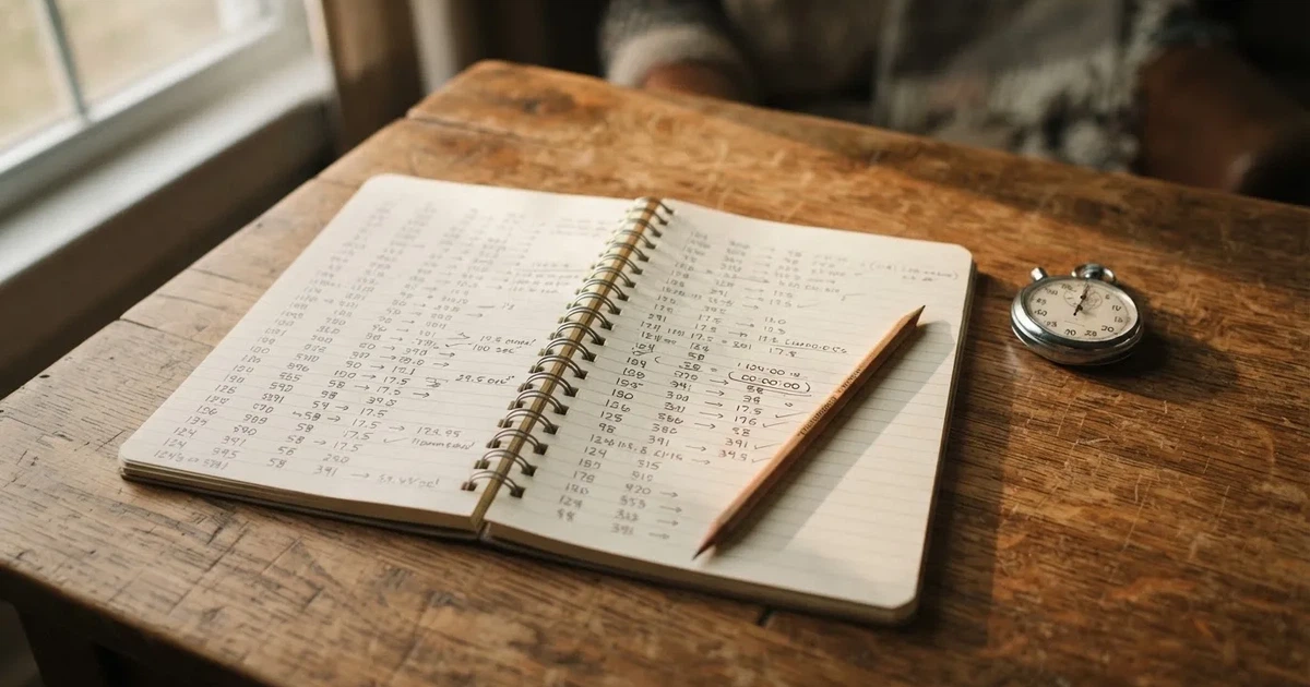 An open notebook with a pencil and a stopwatch on a wooden table