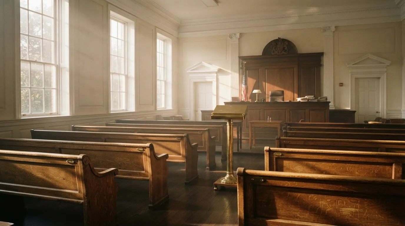 An empty courtroom with wooden benches in morning light