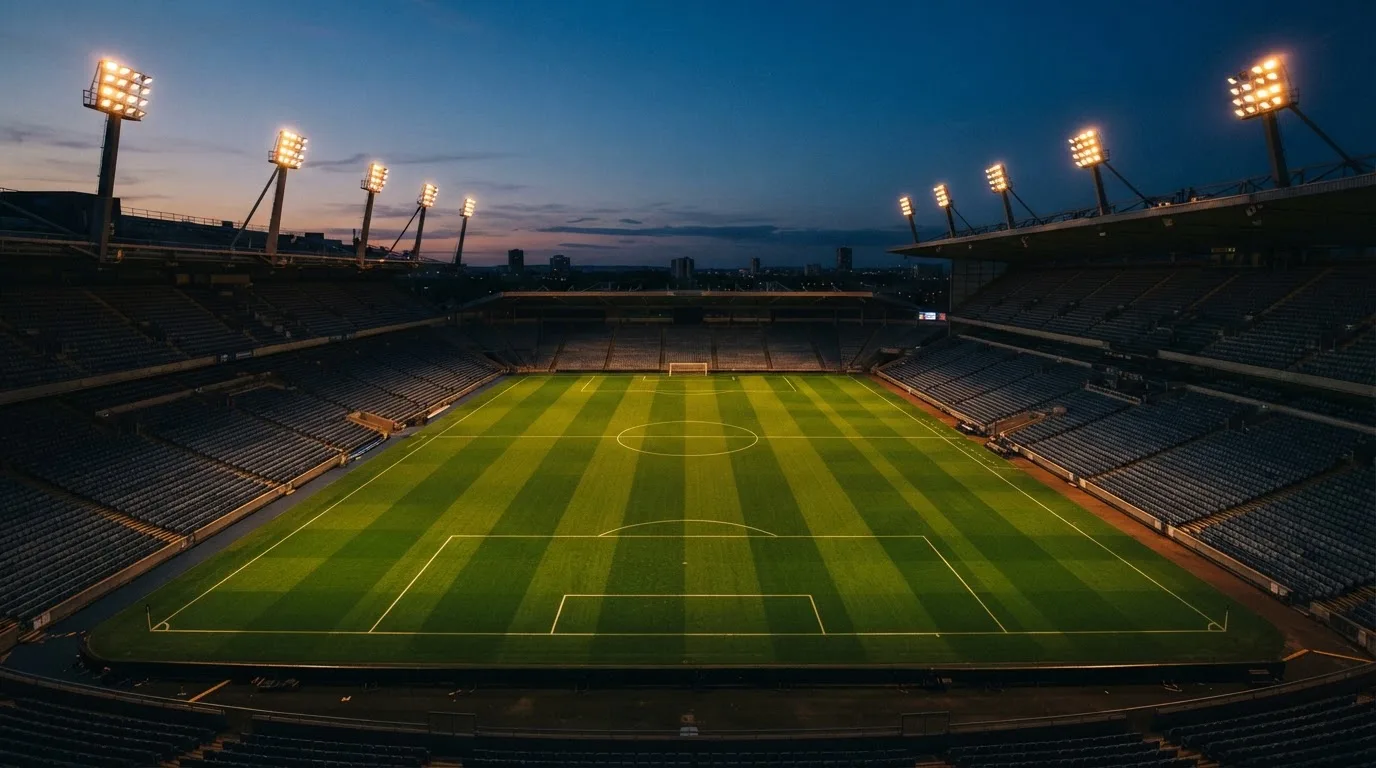 An empty football stadium with floodlight masts at dusk