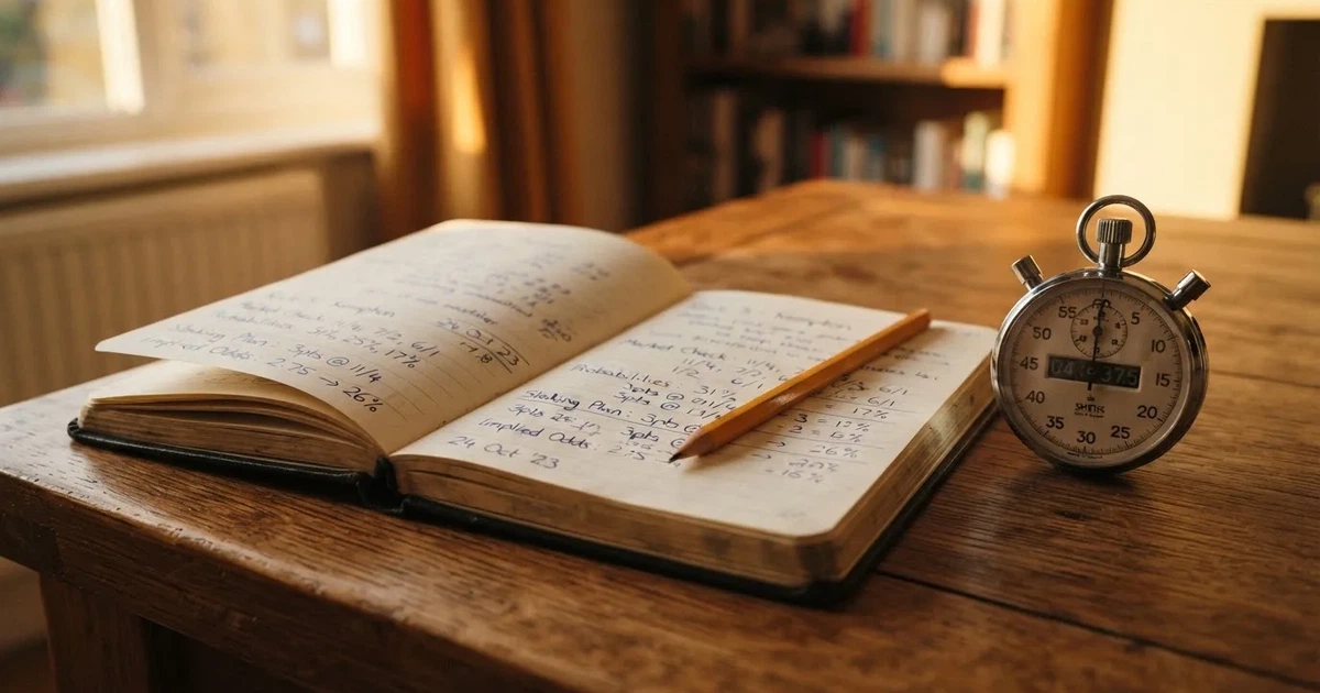 An open notebook with a pencil and a stopwatch on a wooden table
