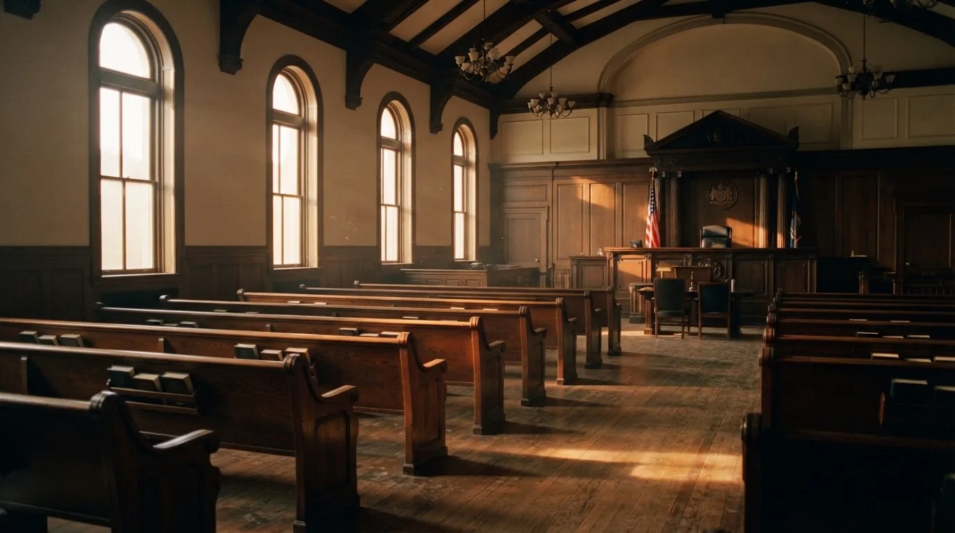 An empty courtroom with wooden benches in morning light