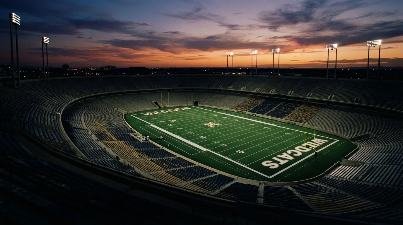 An empty football stadium with floodlight masts at dusk
