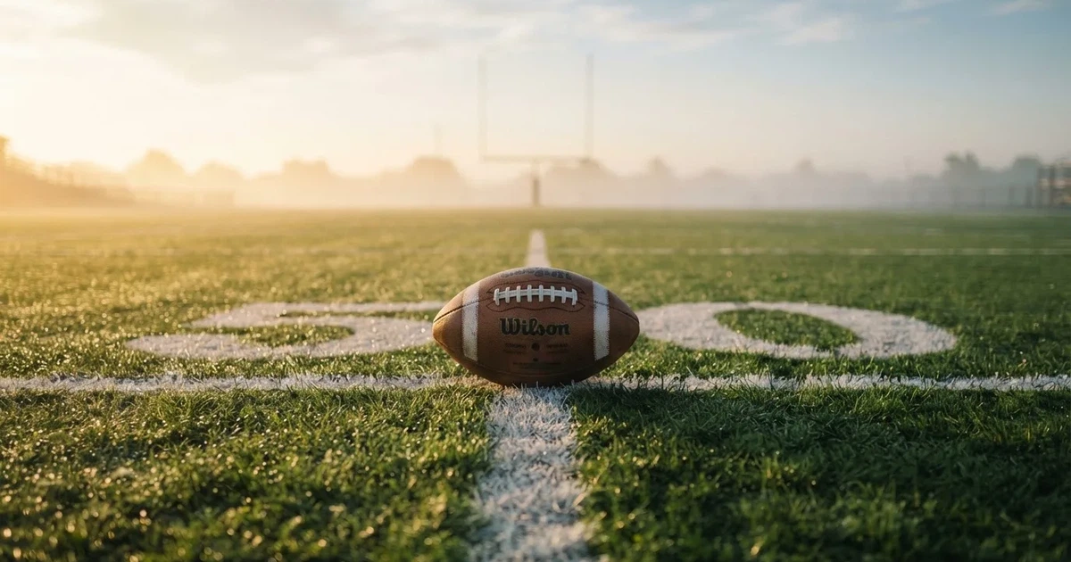 A ball on the centre spot of a grass pitch in morning light