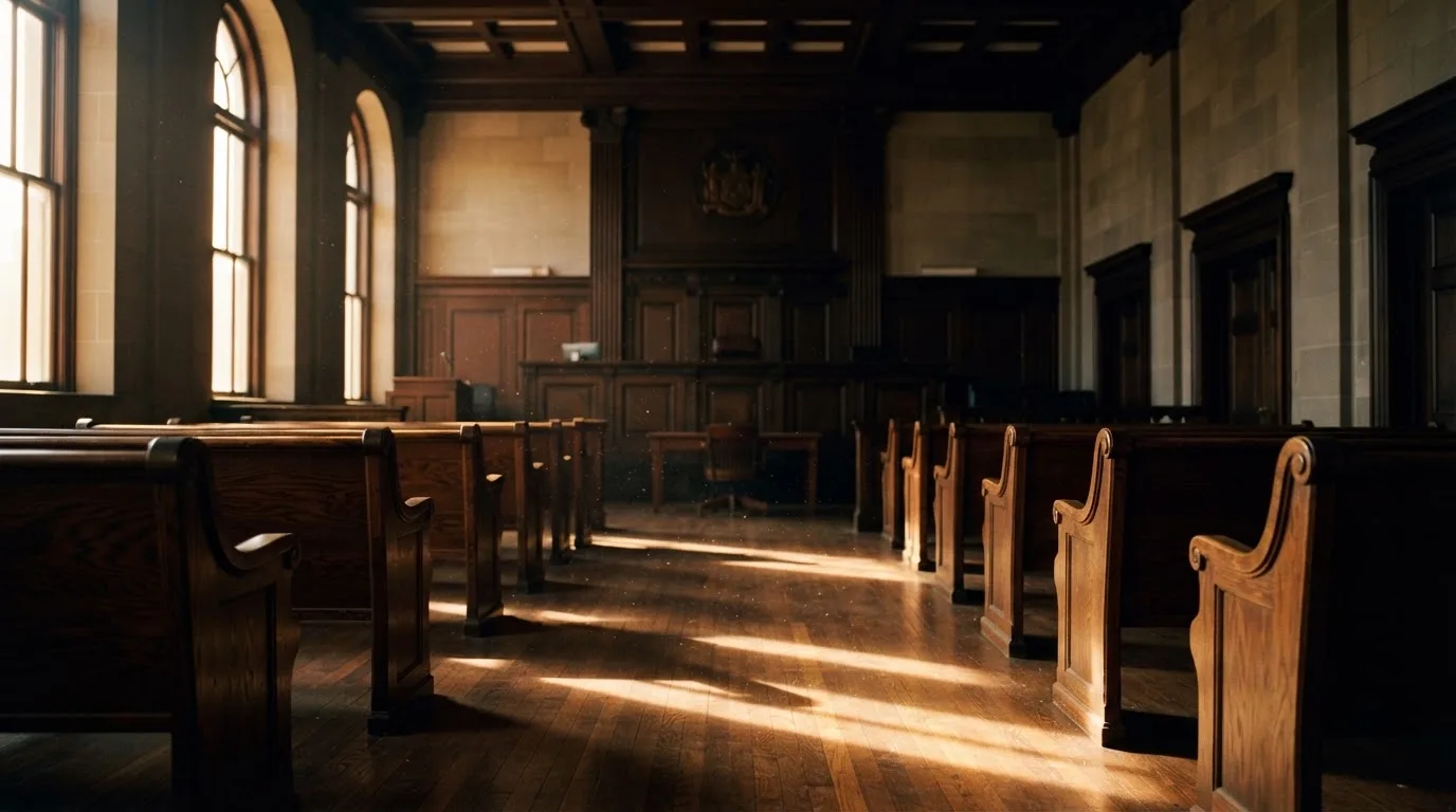 An empty courtroom with wooden benches in morning light