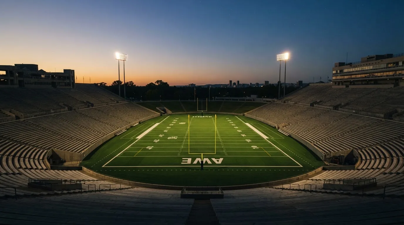 An empty football stadium with floodlight masts at dusk