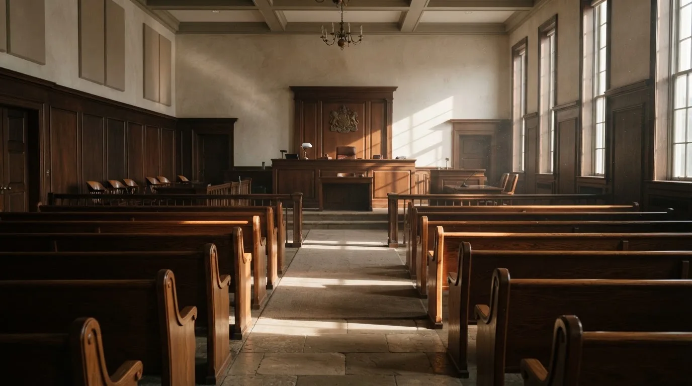An empty courtroom with wooden benches in morning light