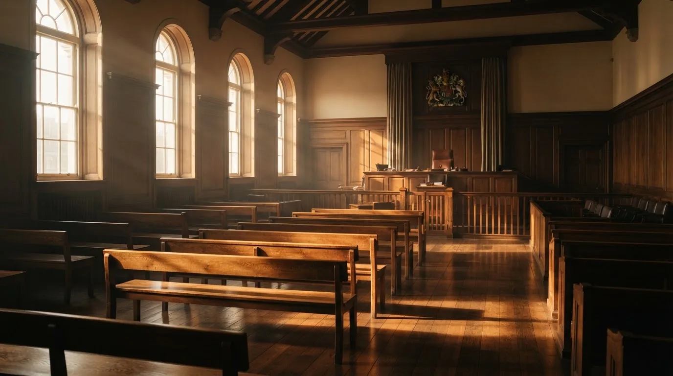 An empty courtroom with wooden benches in morning light