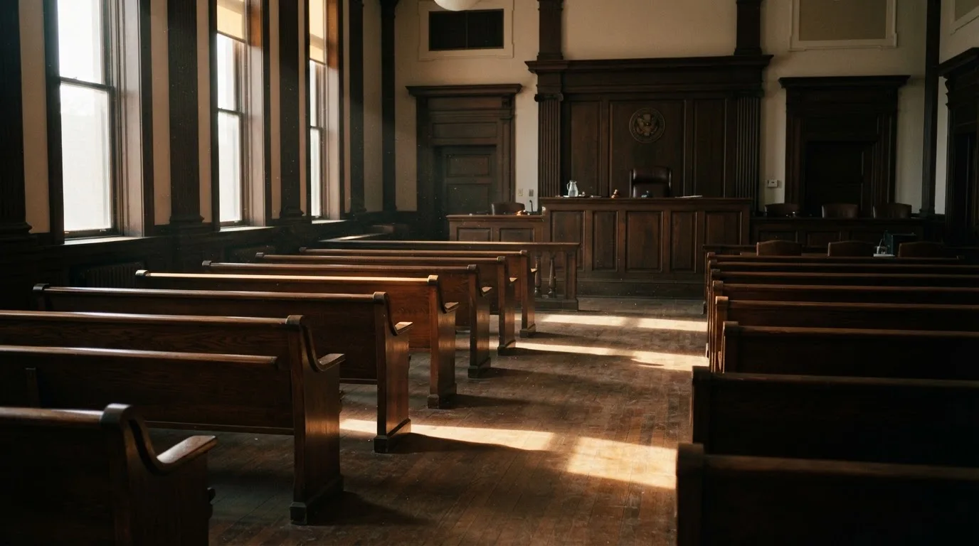 An empty courtroom with wooden benches in morning light