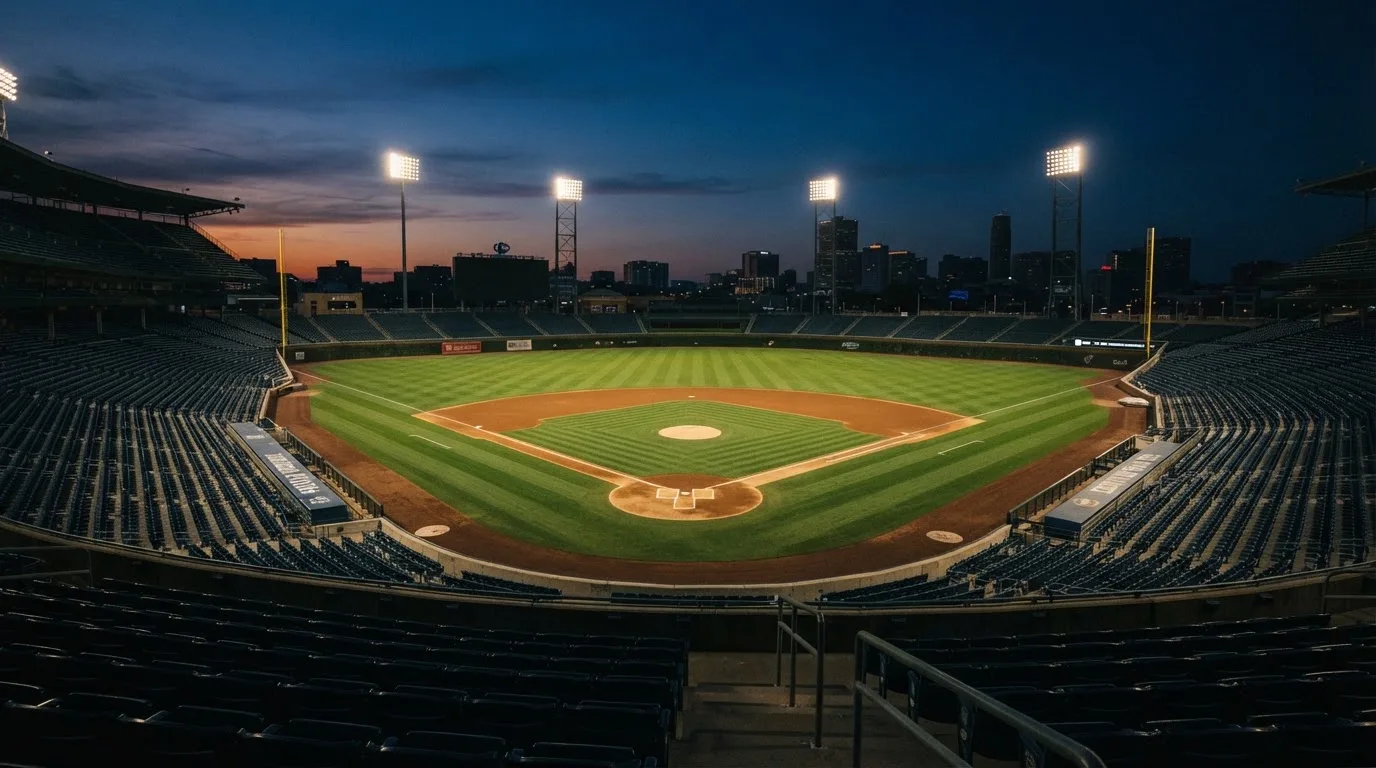An empty football stadium with floodlight masts at dusk