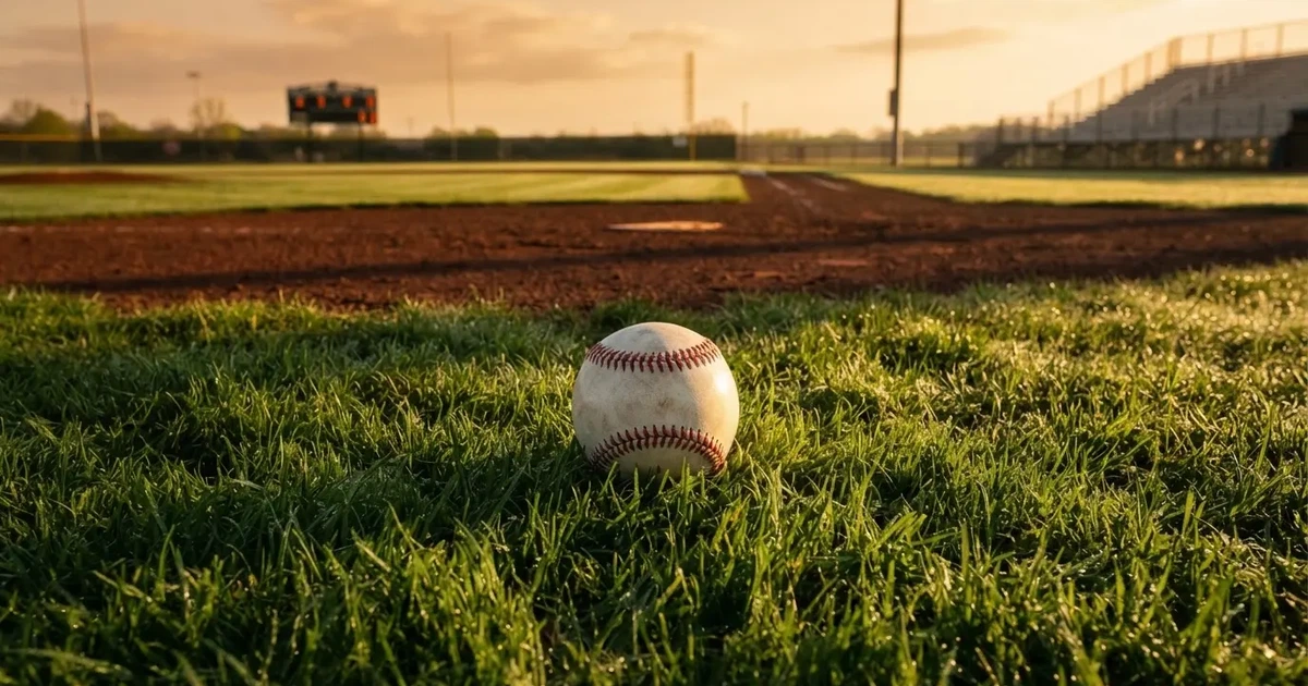 A ball on the centre spot of a grass pitch in morning light