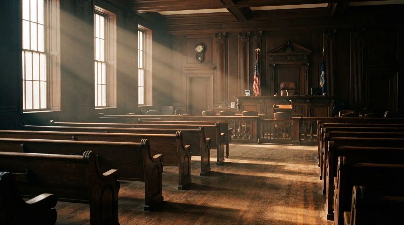 An empty courtroom with wooden benches in morning light