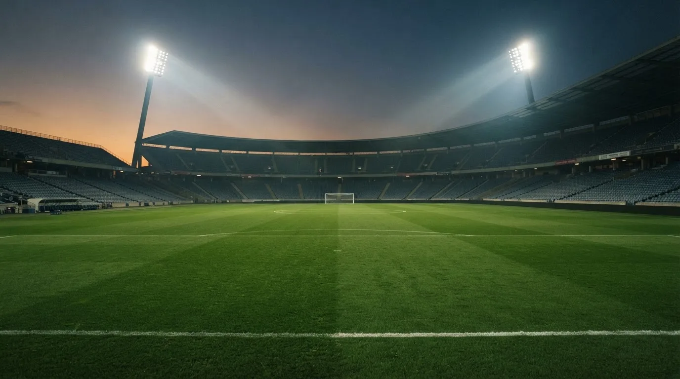 An empty football stadium with floodlight masts at dusk