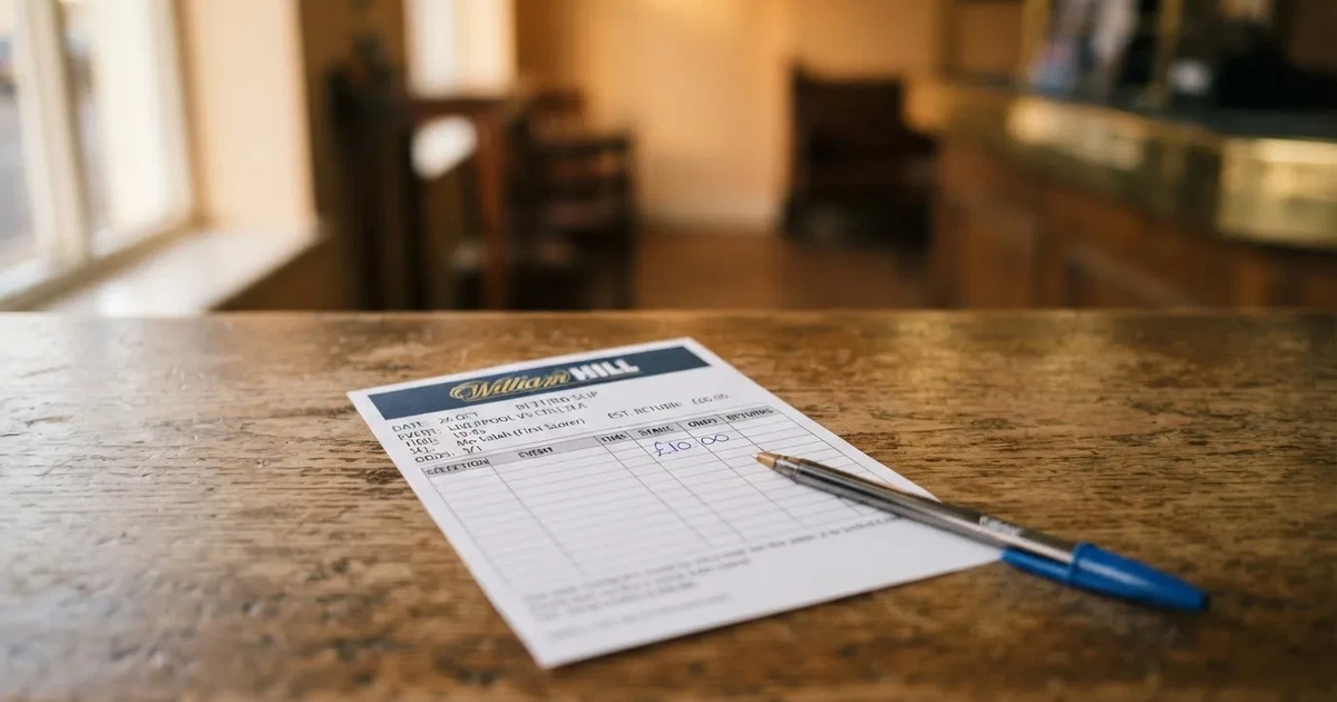 A blank paper betting slip beside a pen on a wooden counter