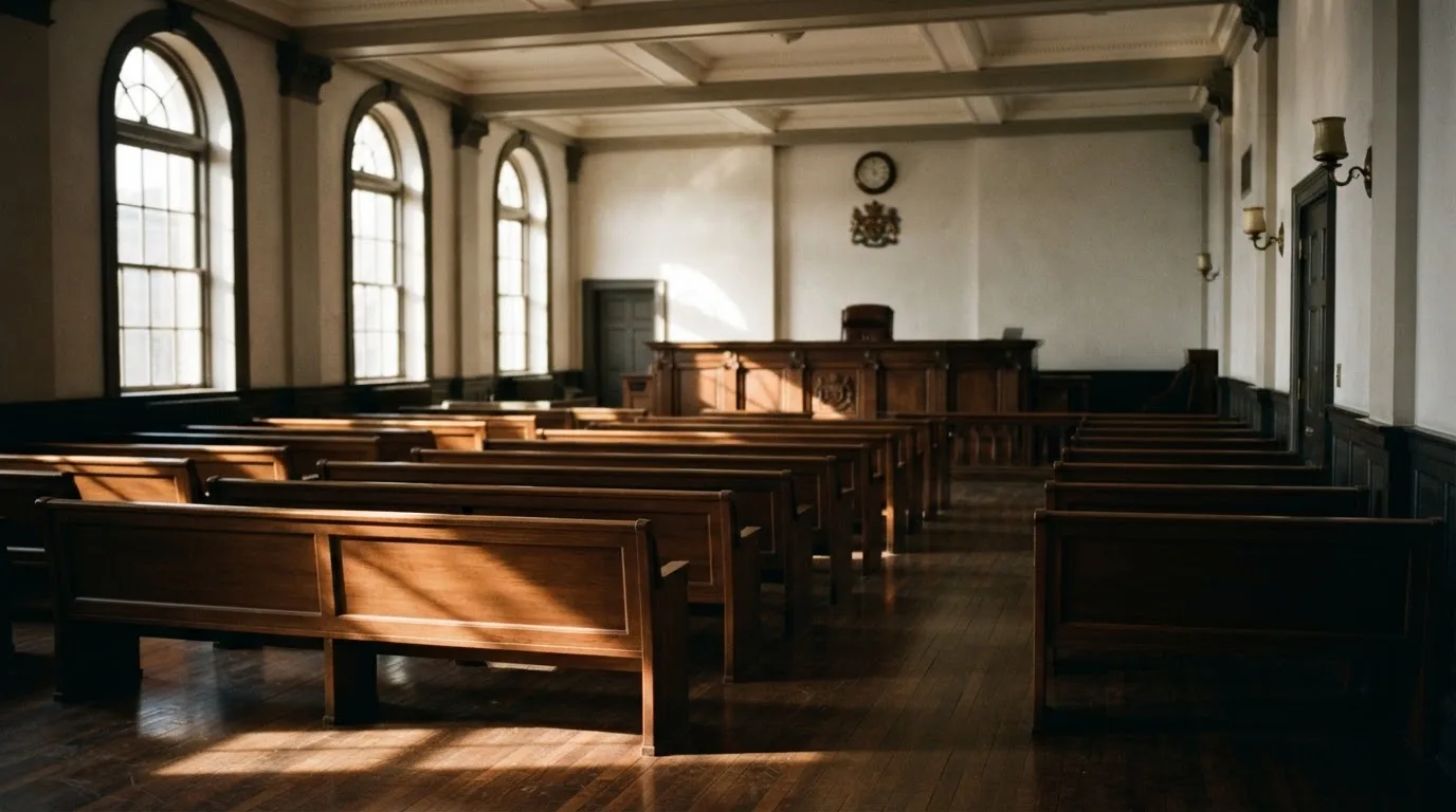 An empty courtroom with wooden benches in morning light