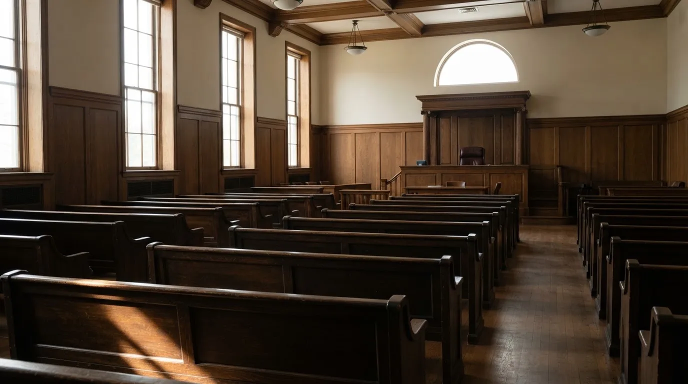 An empty courtroom with wooden benches in morning light