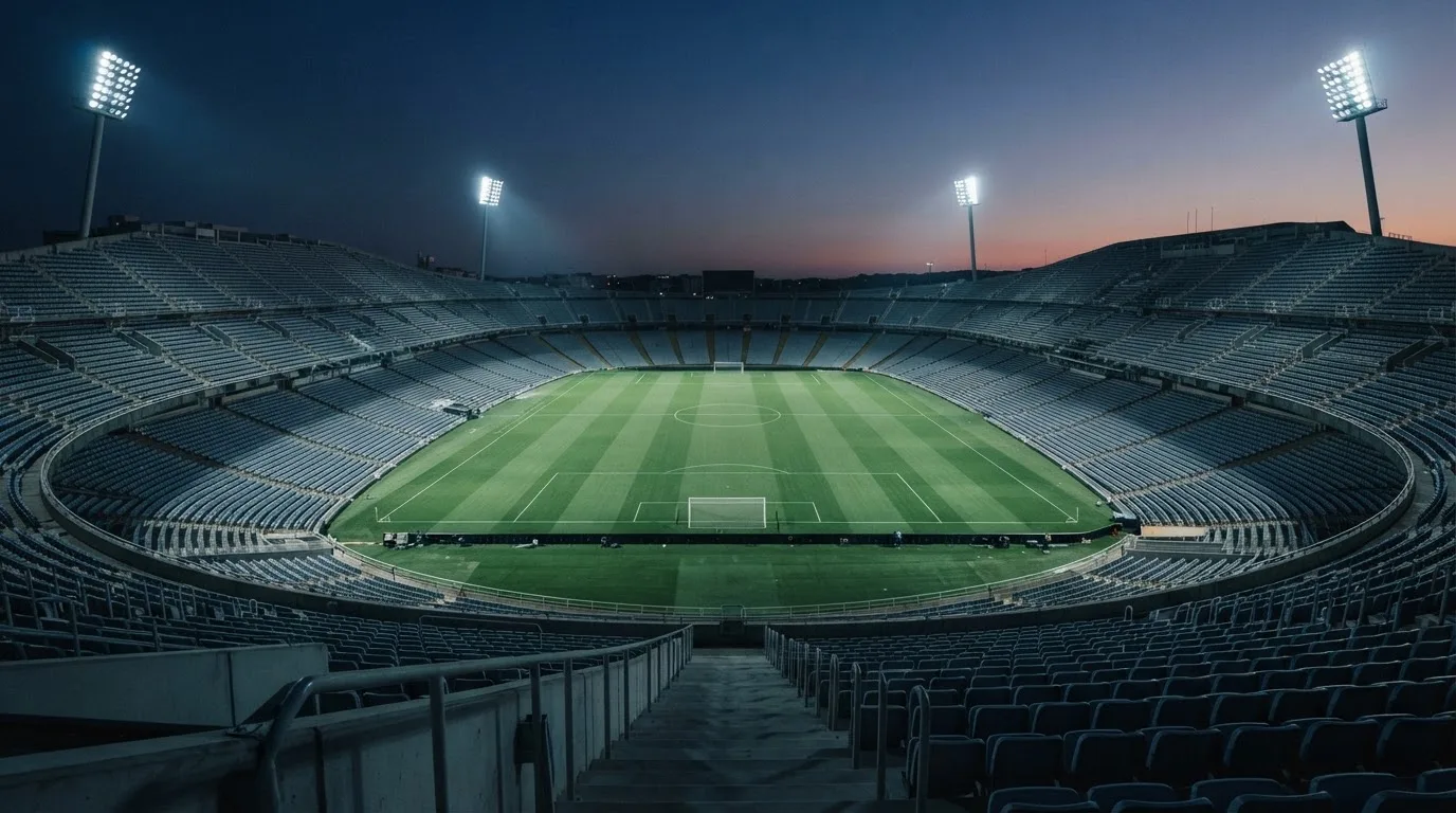 An empty football stadium with floodlight masts at dusk