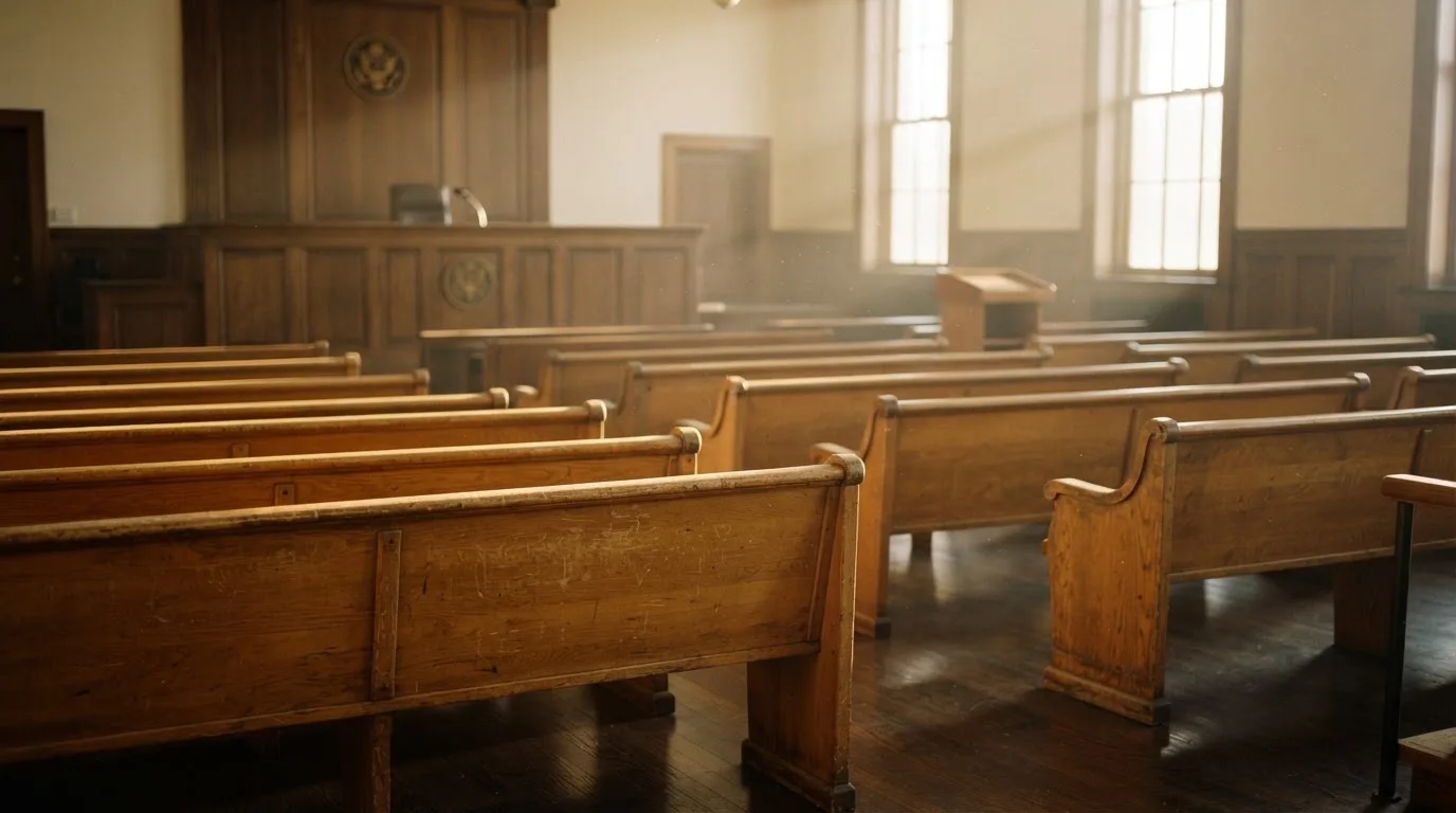 An empty courtroom with wooden benches in morning light