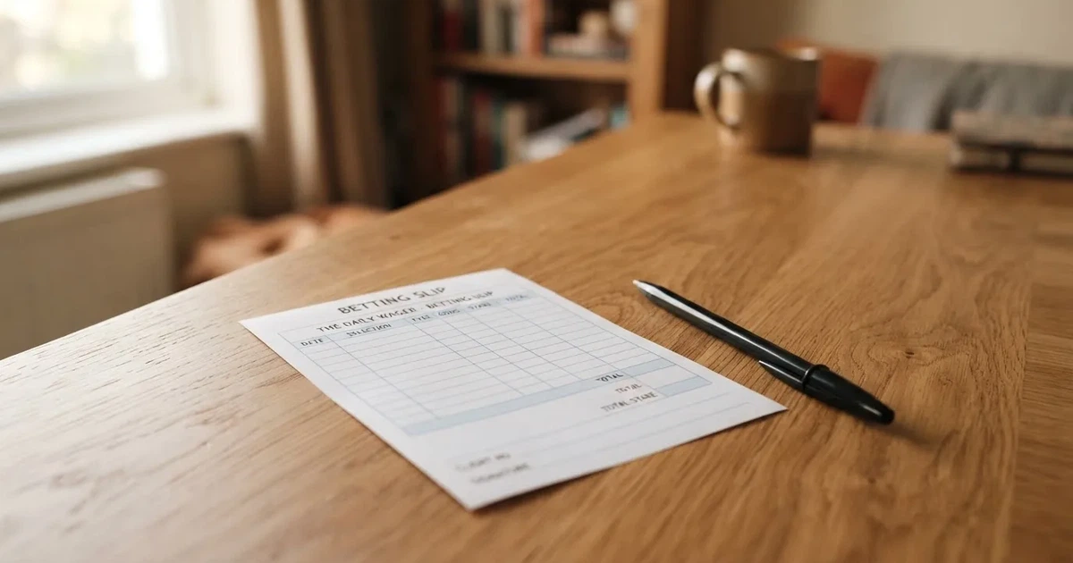 A blank paper betting slip beside a pen on a wooden counter