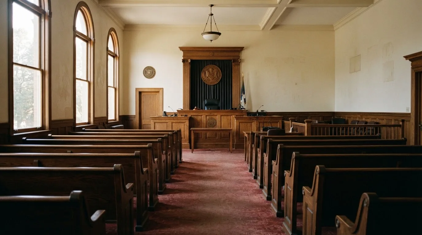 An empty courtroom with wooden benches in morning light