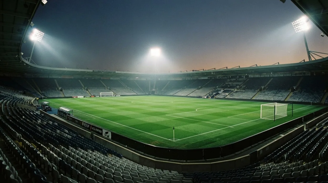 An empty football stadium with floodlight masts at dusk
