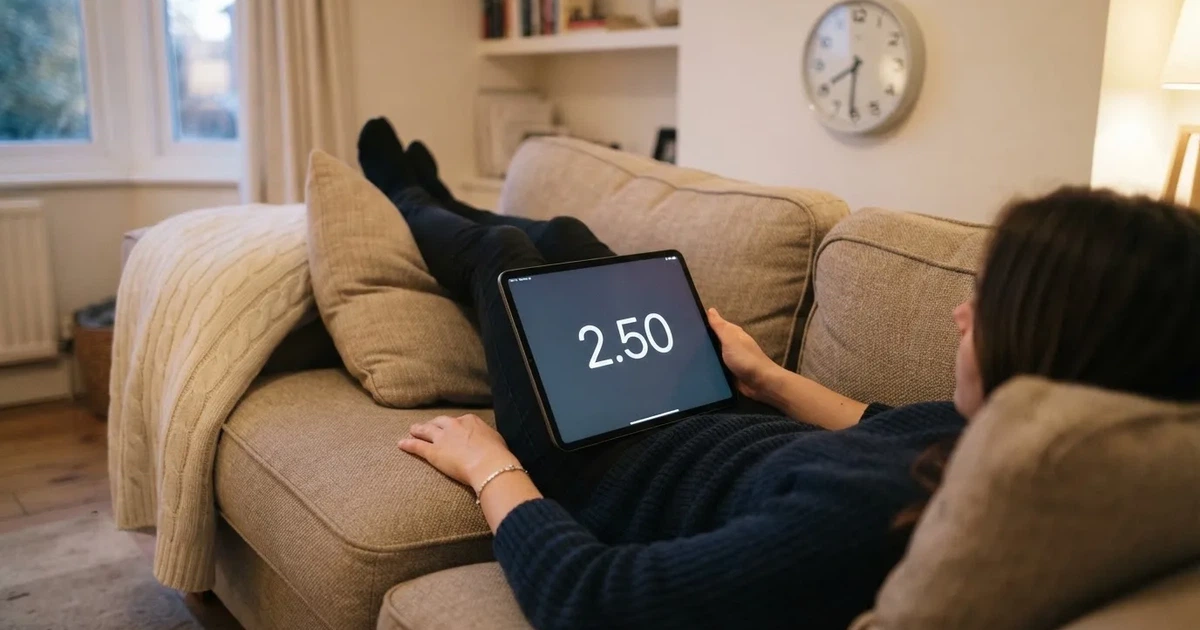 A person on a sofa looking thoughtfully at a tablet, a wall clock in the background