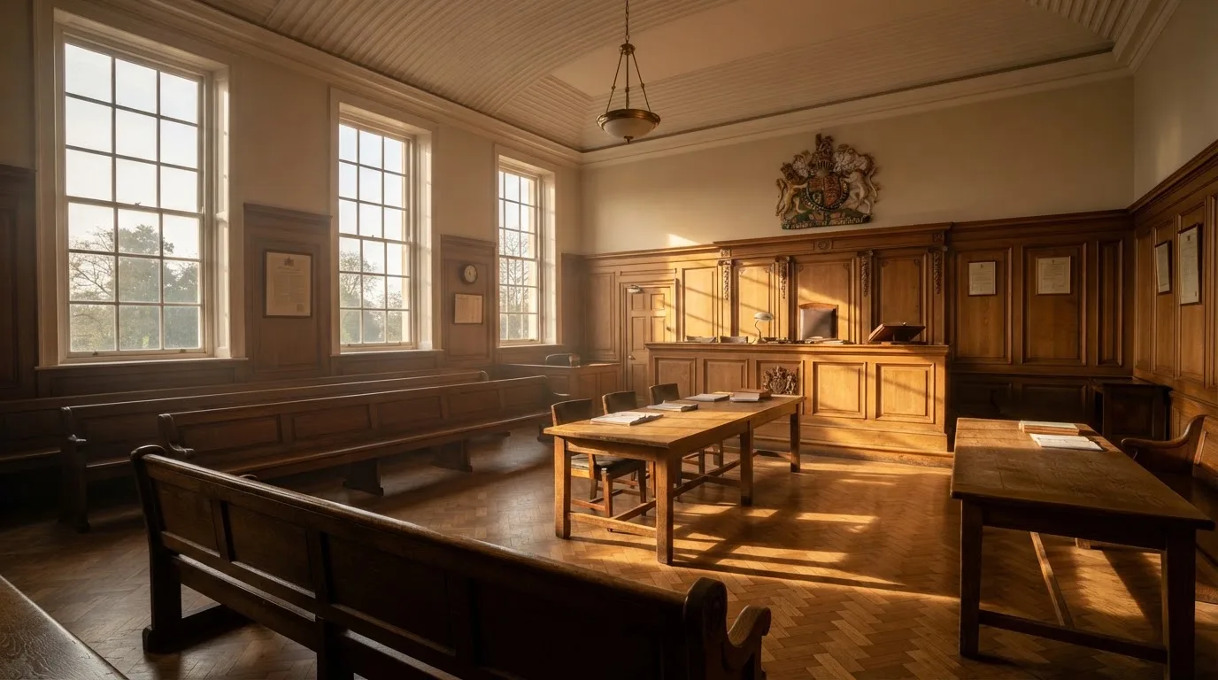 An empty courtroom with wooden benches in morning light
