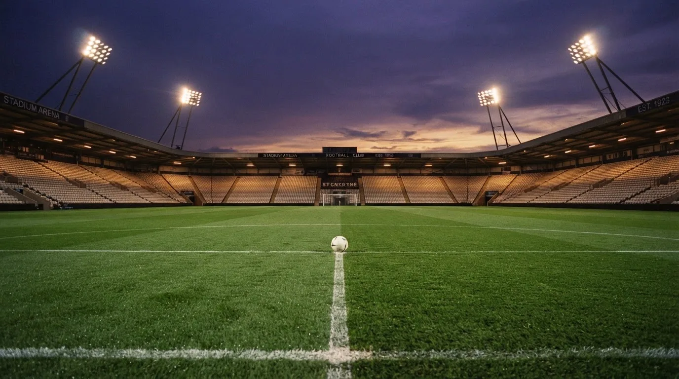 An empty football stadium with floodlight masts at dusk