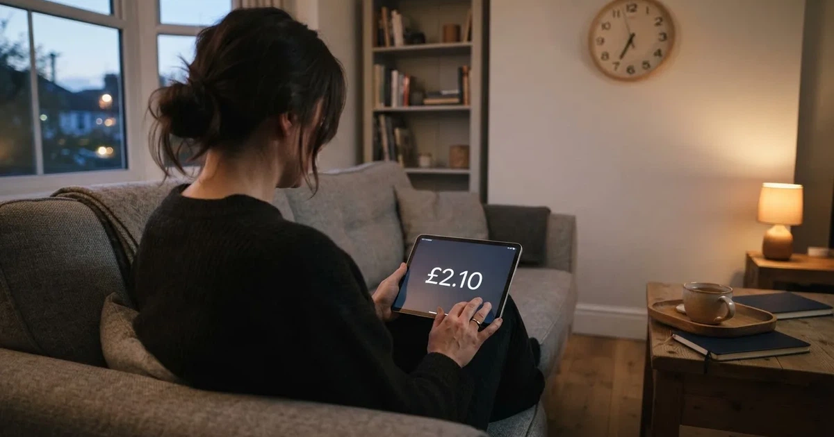 A person on a sofa looking thoughtfully at a tablet, a wall clock in the background