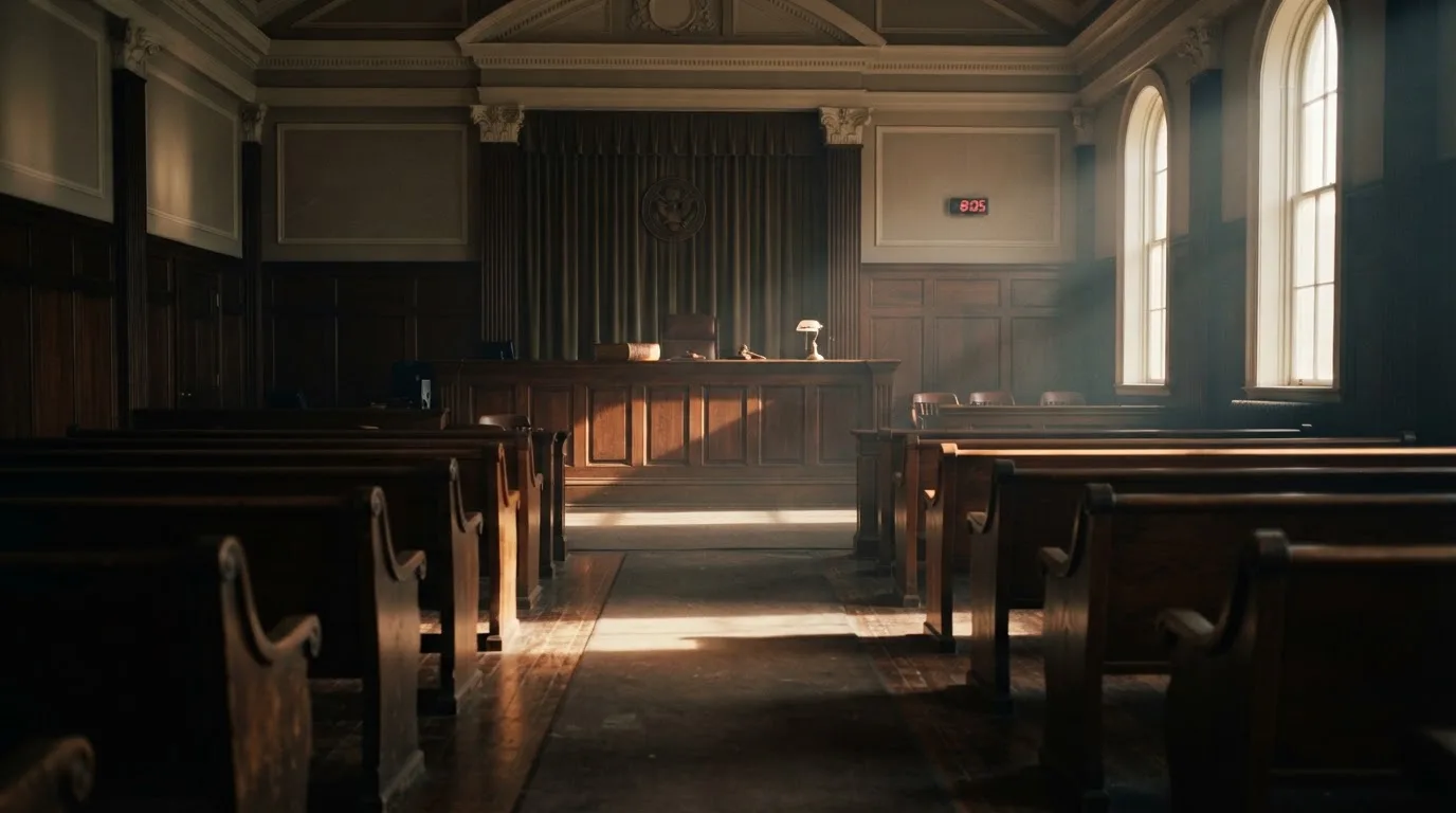 An empty courtroom with wooden benches in morning light