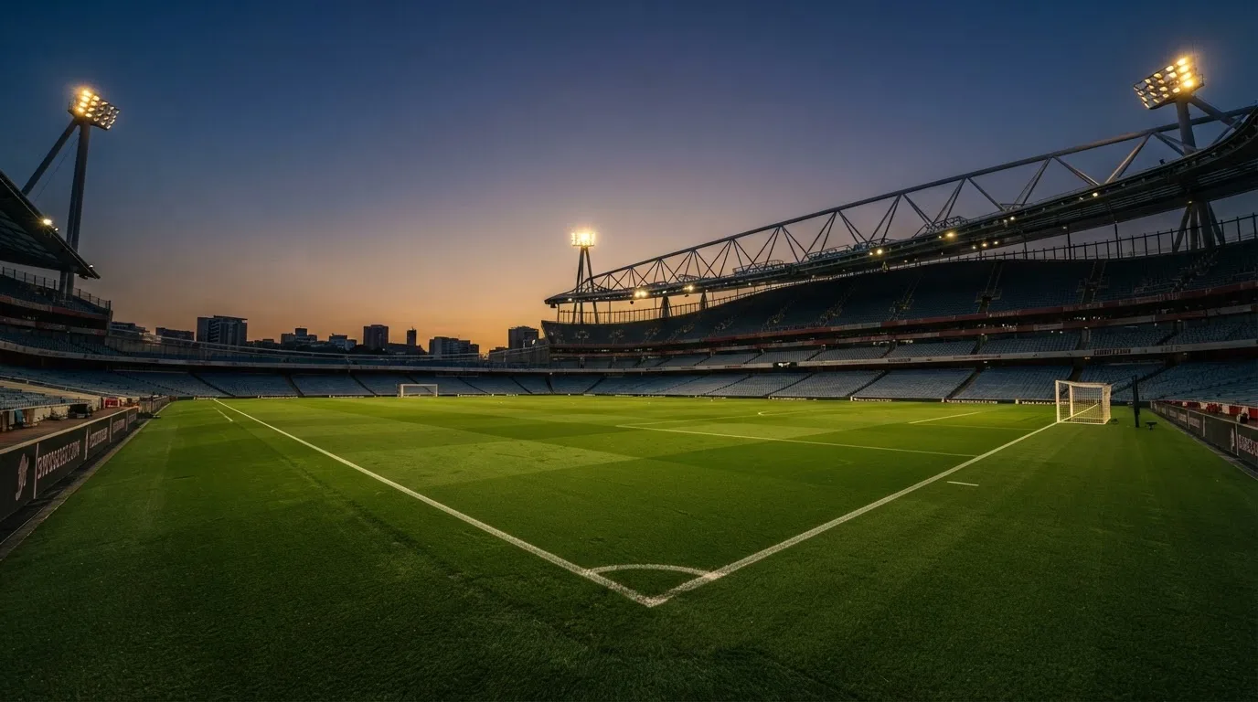 An empty football stadium with floodlight masts at dusk