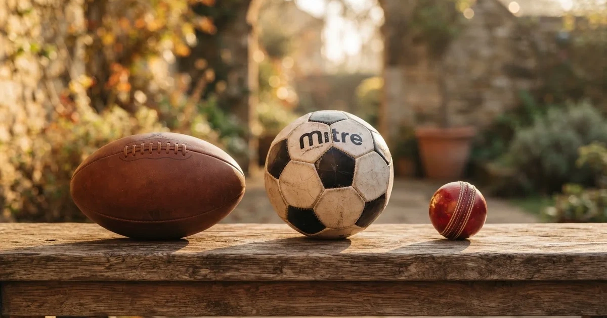 Three balls of different kinds side by side on a wooden bench