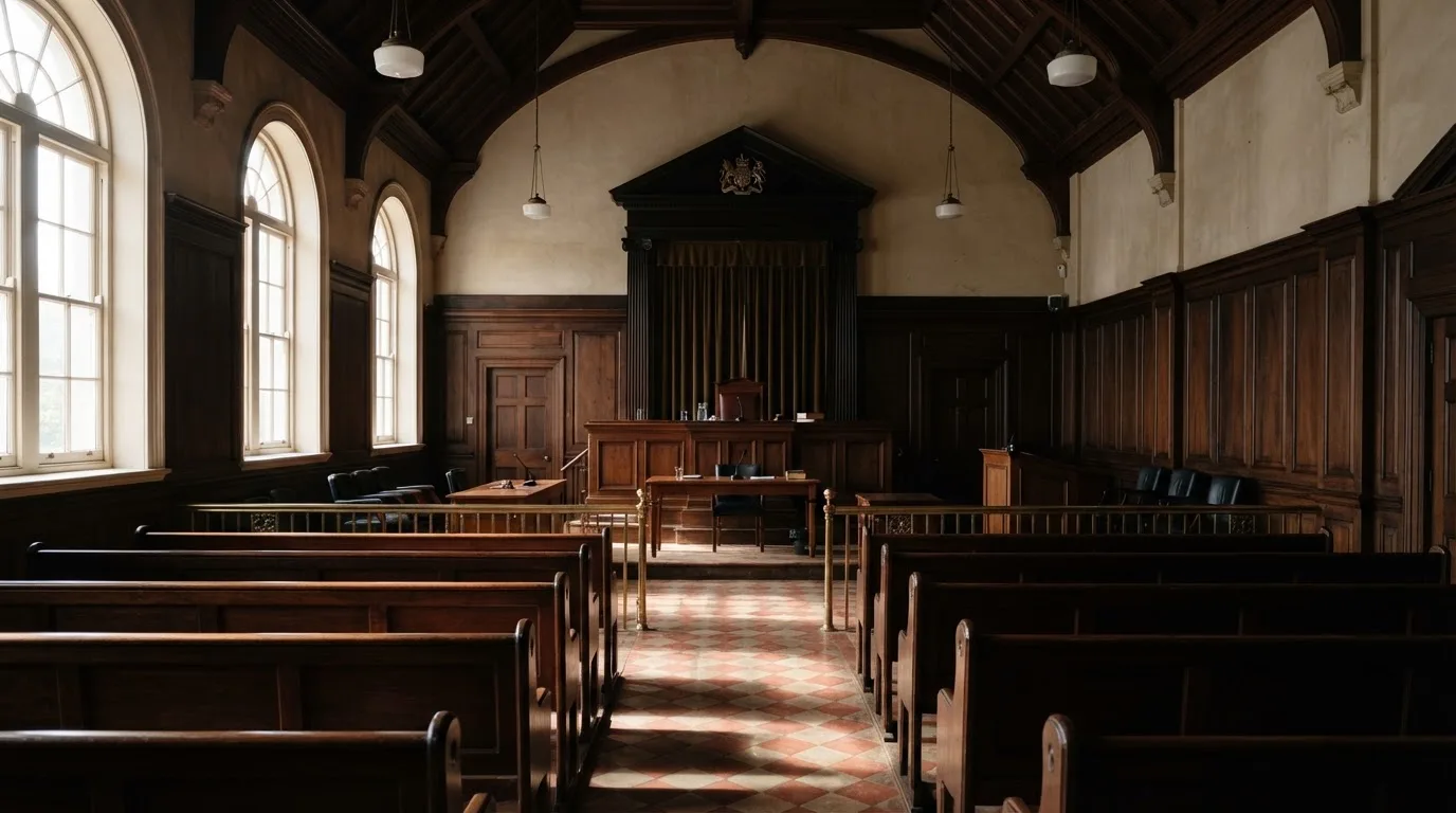 An empty courtroom with wooden benches in morning light