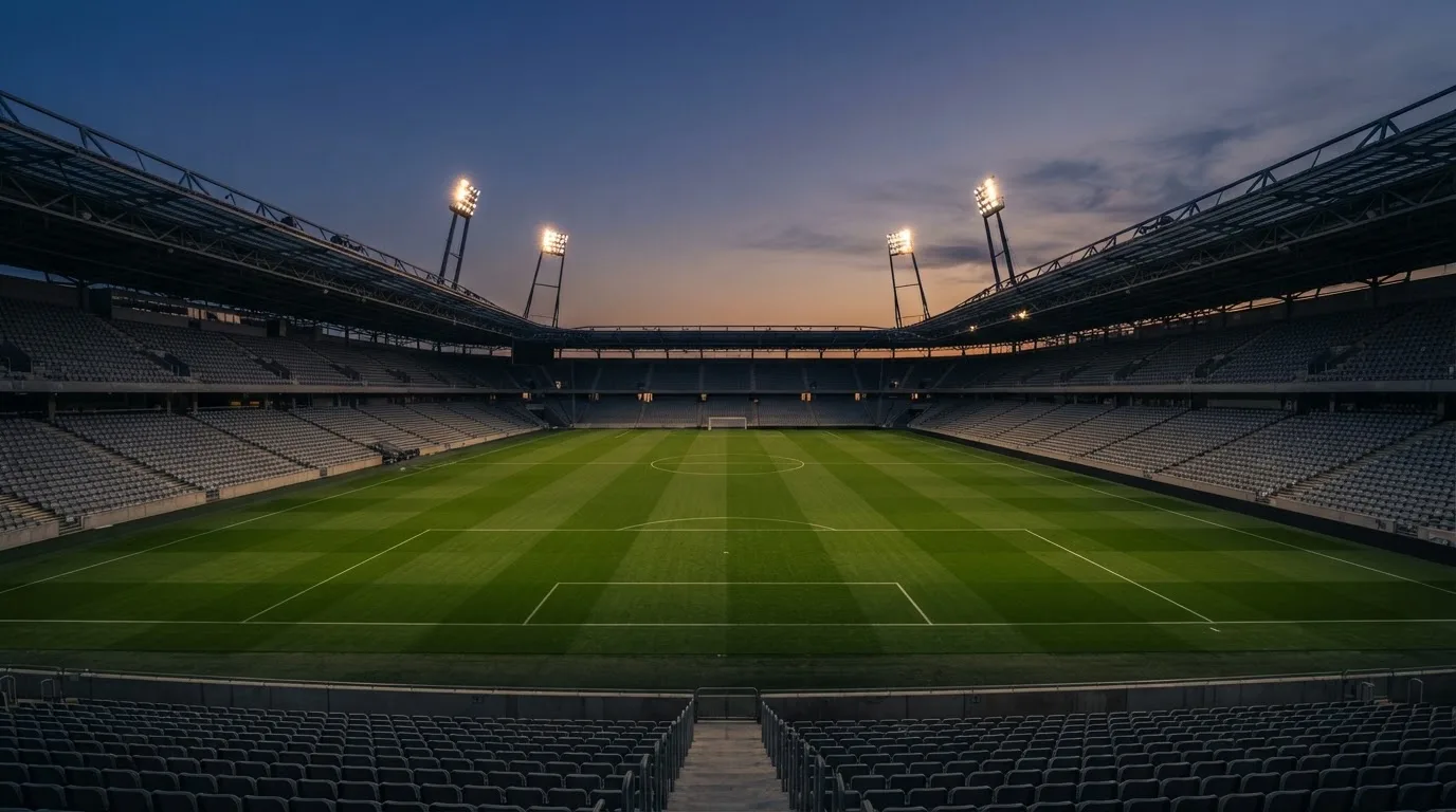 An empty football stadium with floodlight masts at dusk