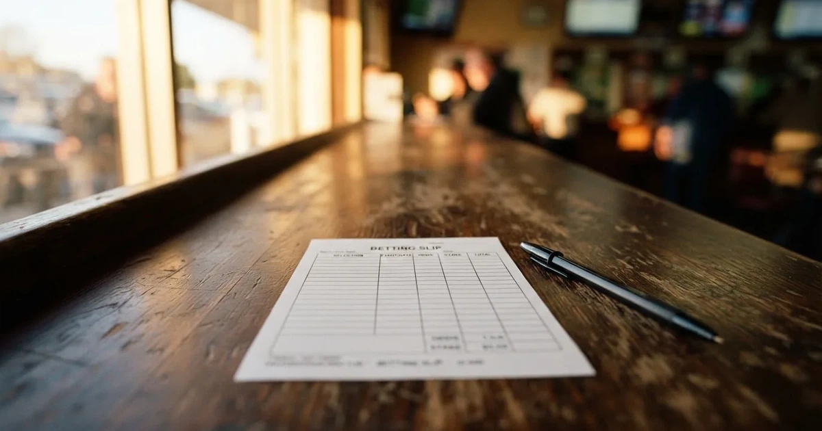 A blank paper betting slip beside a pen on a wooden counter