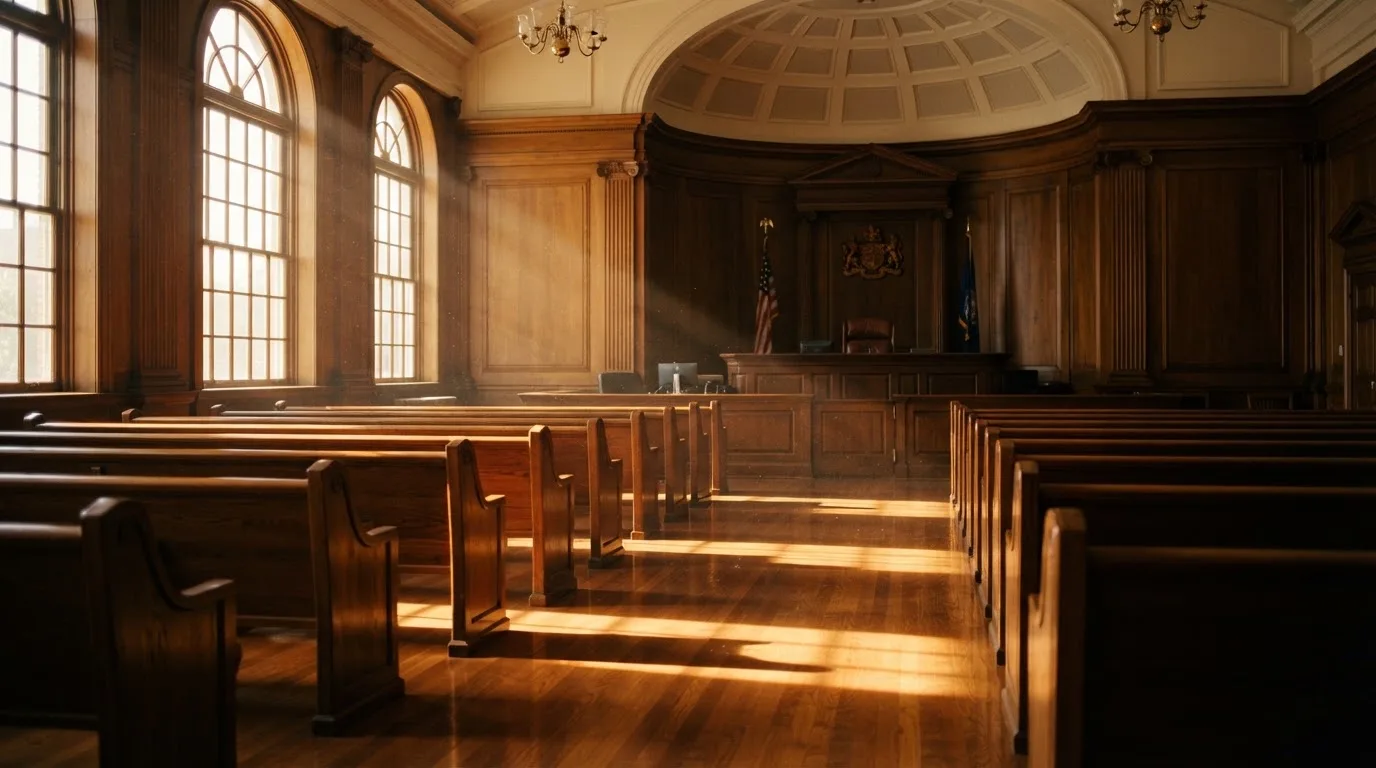 An empty courtroom with wooden benches in morning light