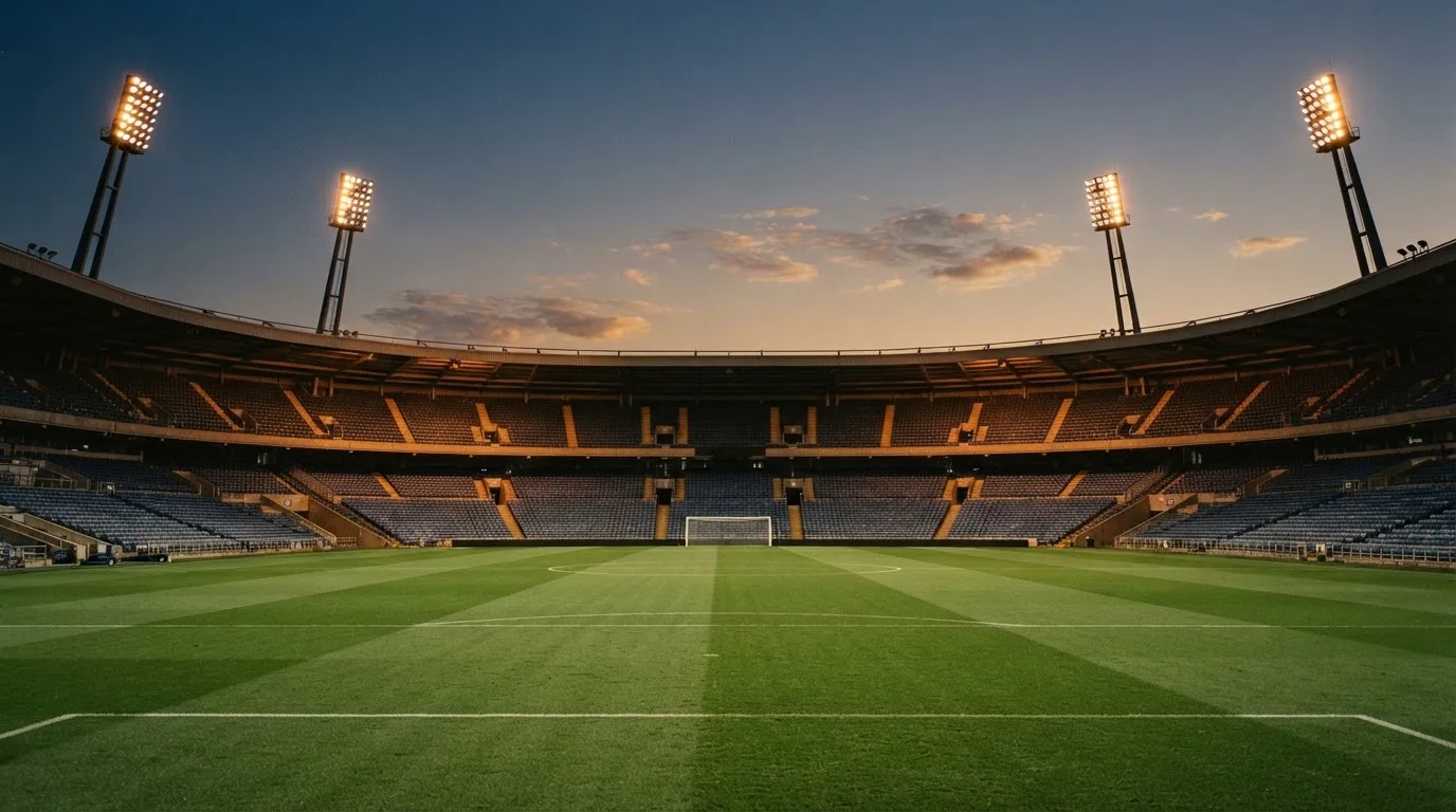 An empty football stadium with floodlight masts at dusk
