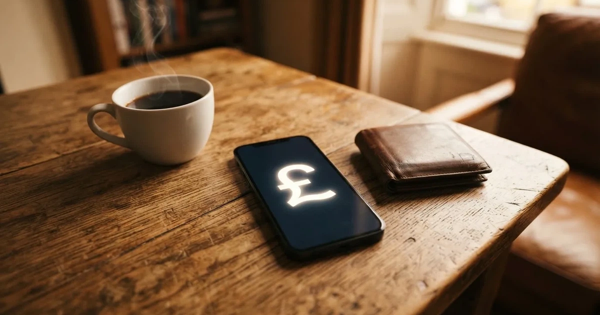 A smartphone on a wooden table beside a wallet and a coffee cup