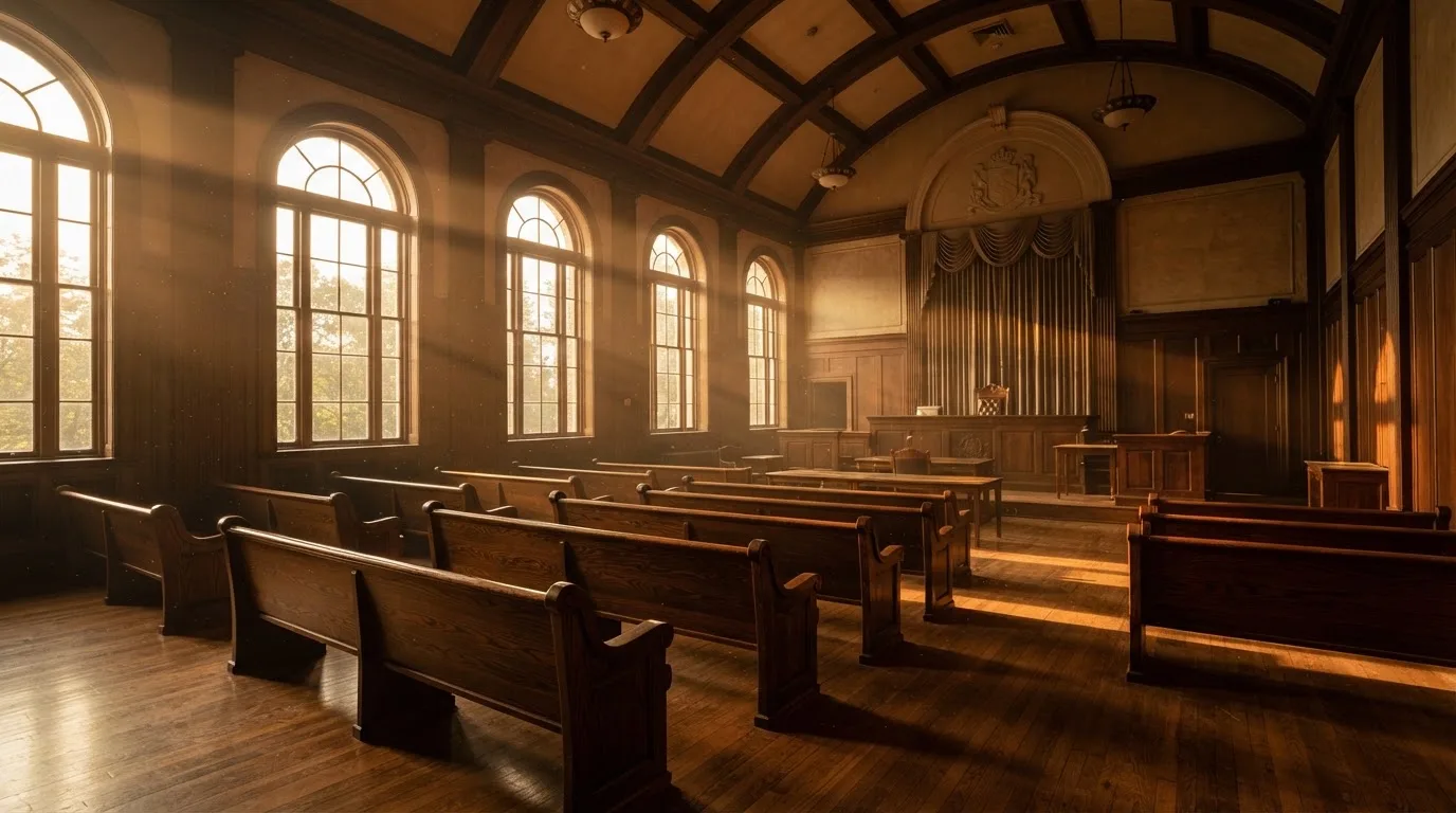 An empty courtroom with wooden benches in morning light