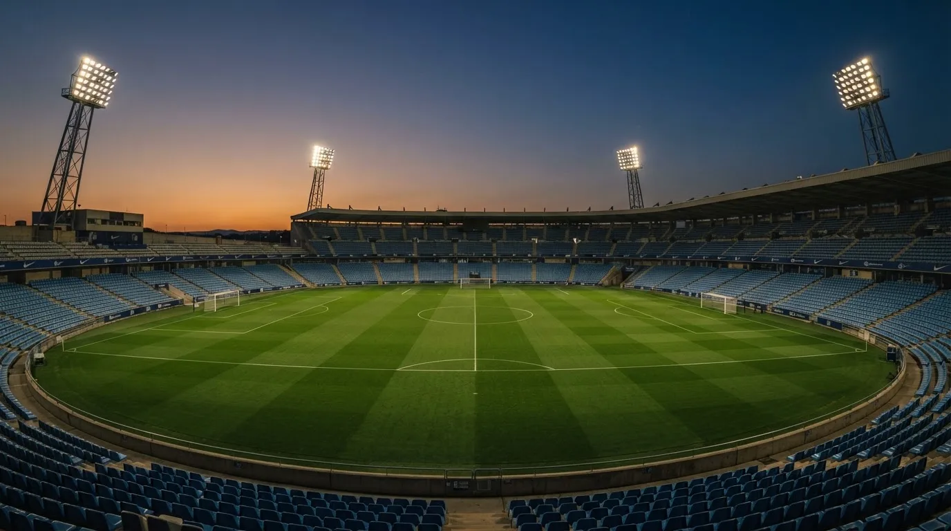 An empty football stadium with floodlight masts at dusk