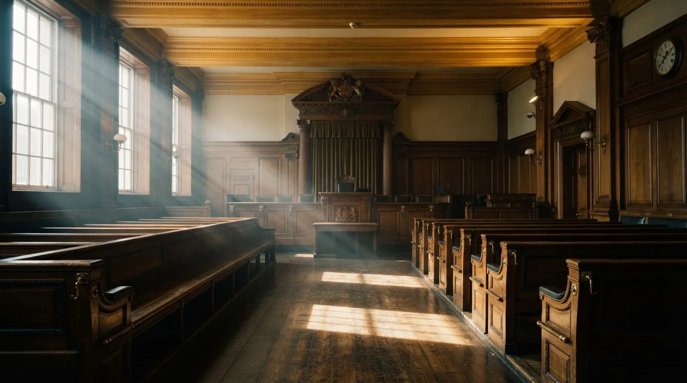 An empty courtroom with wooden benches in morning light