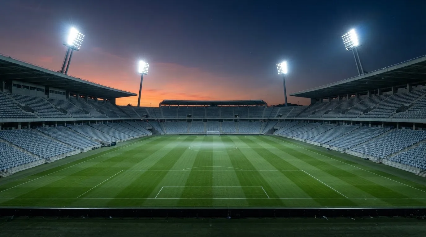 An empty football stadium with floodlight masts at dusk
