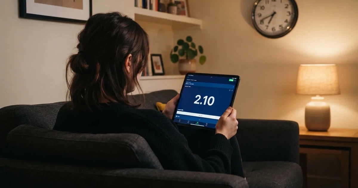 A person on a sofa looking thoughtfully at a tablet, a wall clock in the background