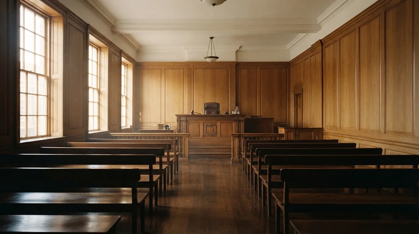 An empty courtroom with wooden benches in morning light