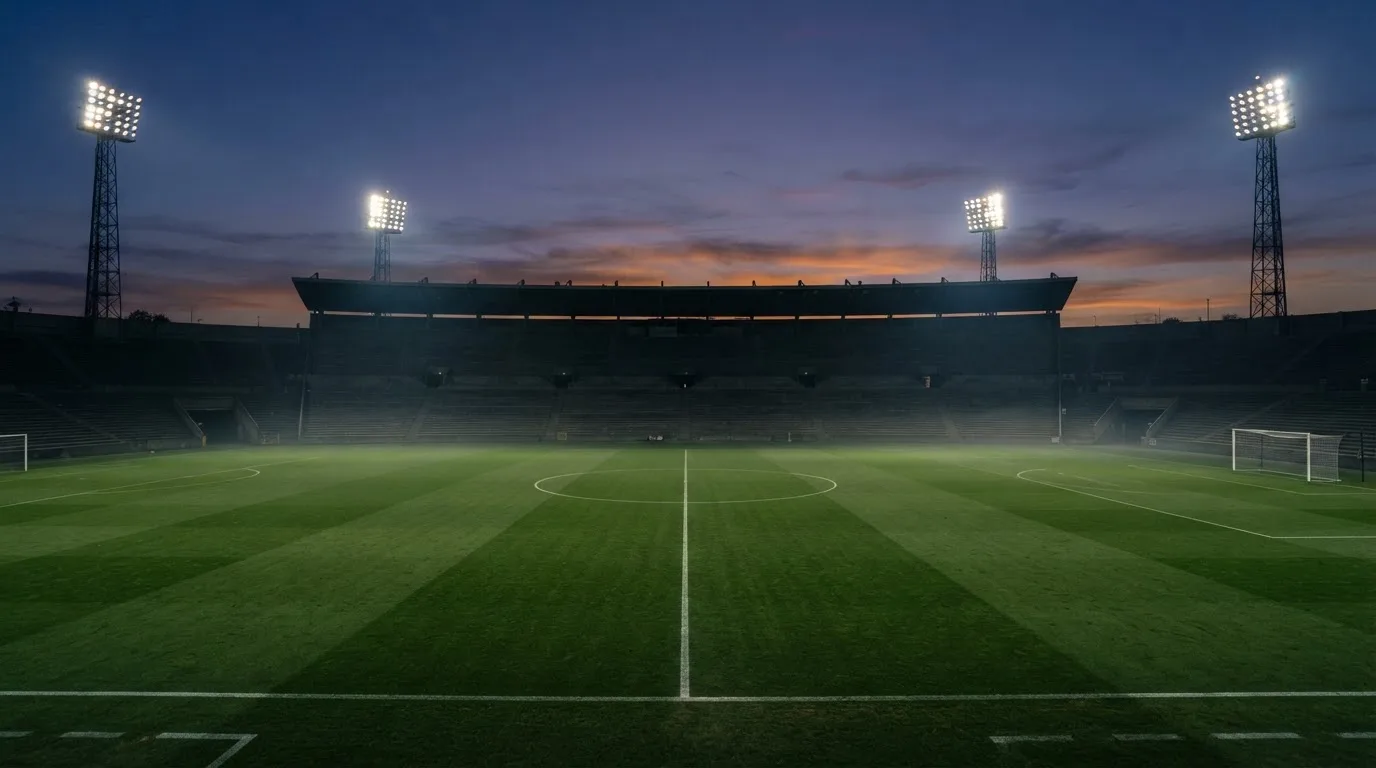 An empty football stadium with floodlight masts at dusk