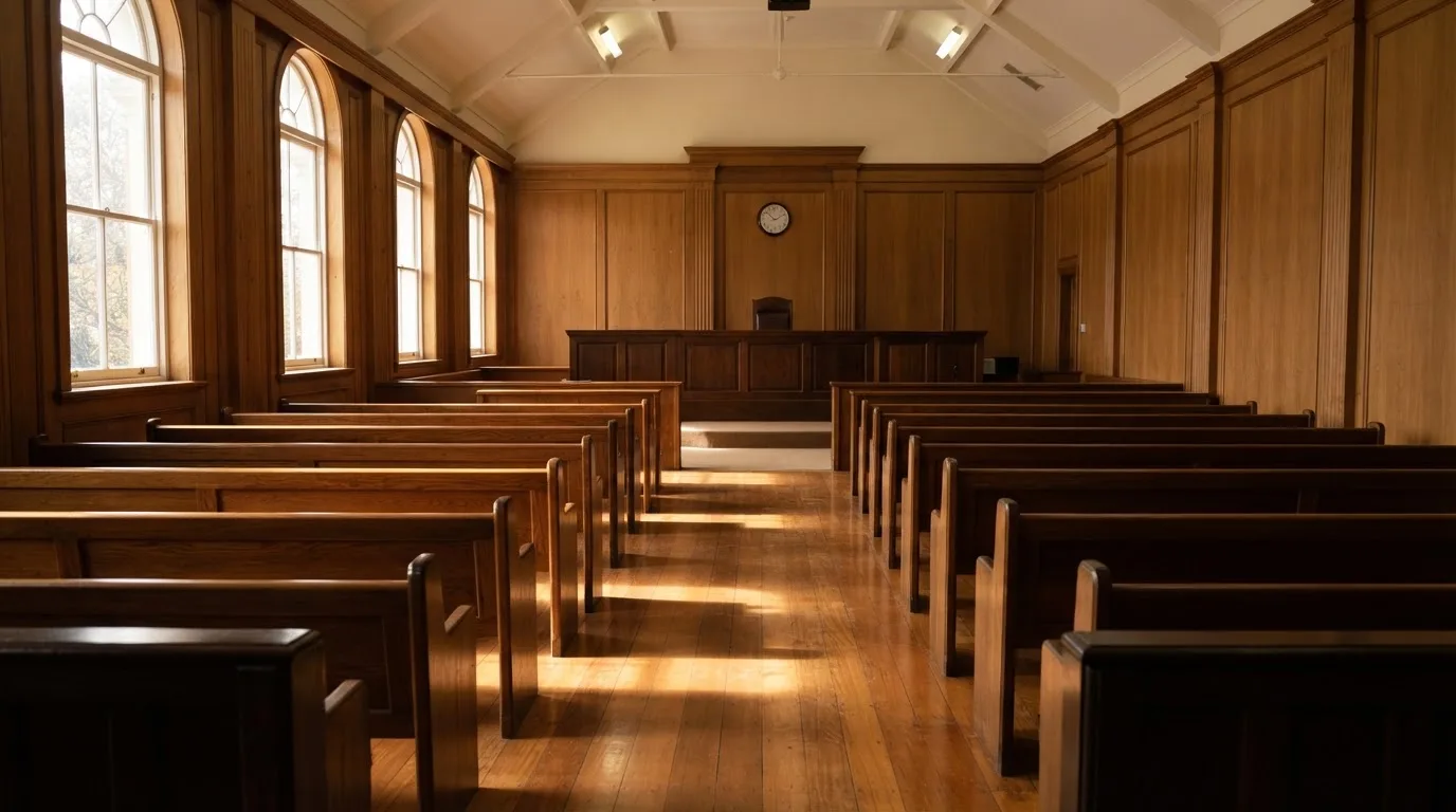 An empty courtroom with wooden benches in morning light