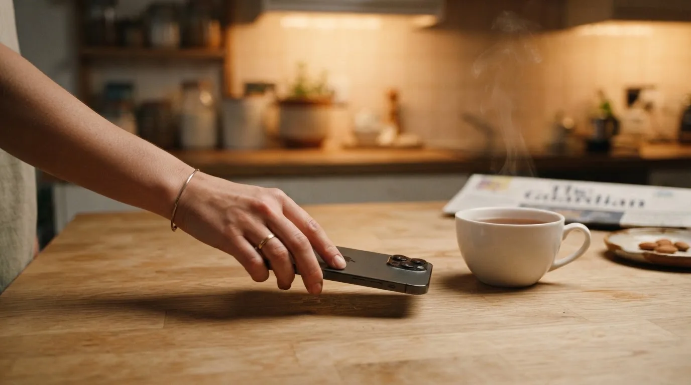 A hand setting a smartphone down beside a cup of tea on a kitchen table on a quiet evening