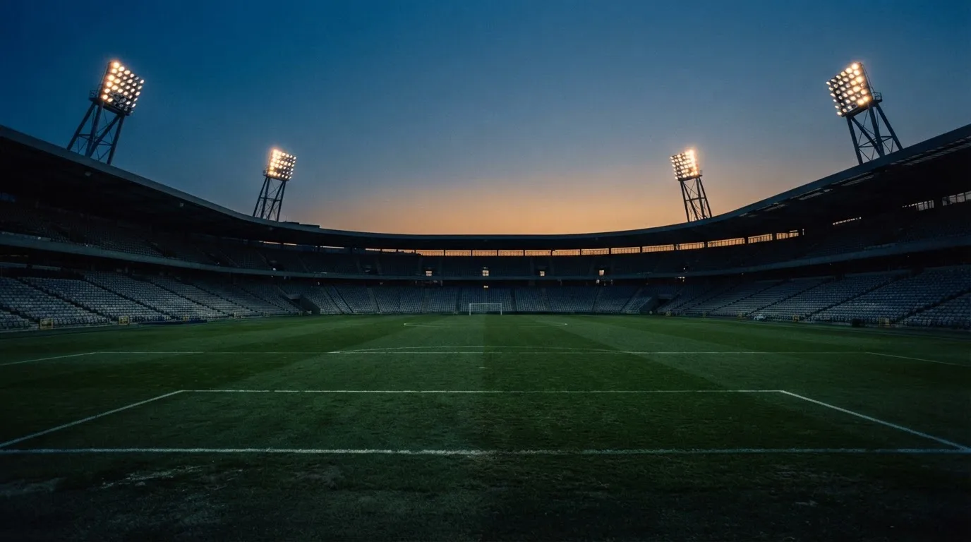 An empty football stadium with floodlight masts at dusk