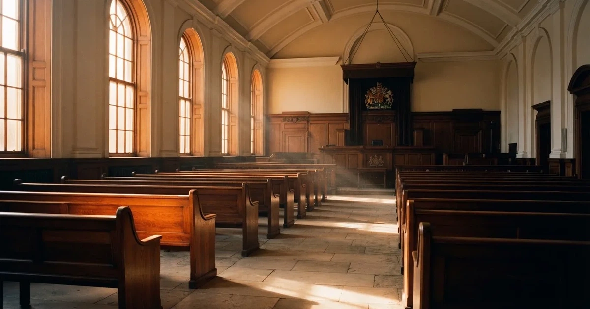 An empty courtroom with wooden benches in morning light