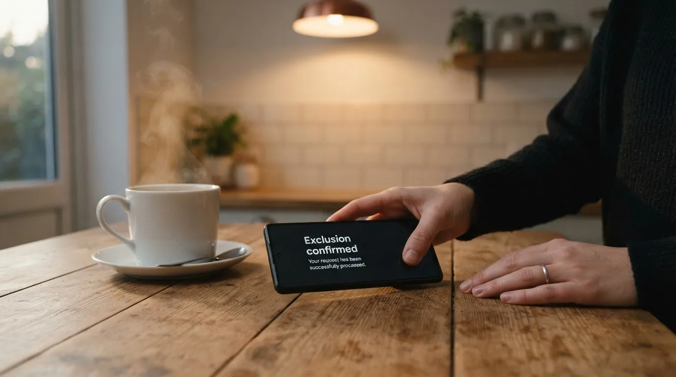 A hand setting a smartphone down beside a cup of tea on a kitchen table on a quiet evening