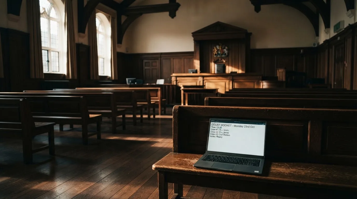 An empty courtroom with wooden benches in morning light